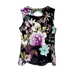 Worthington Black Peplum Pastel Floral Print Sleeveless Tank with Keyhole Back